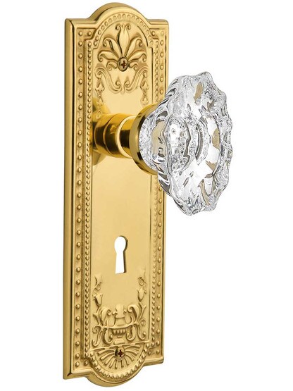 Meadows Design Mortise-Lock Set with Chateau Crystal Glass Knobs in Polished Brass.